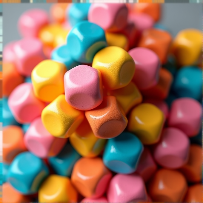 A pile of colorful candy with pink, yellow, orange, and blue pieces.