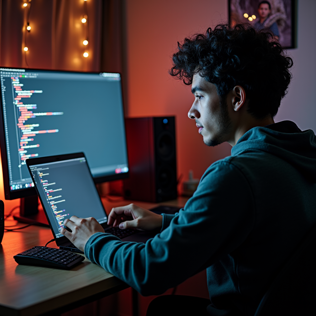 A person is working intently on a laptop, with a code-filled monitor in a dimly lit room.