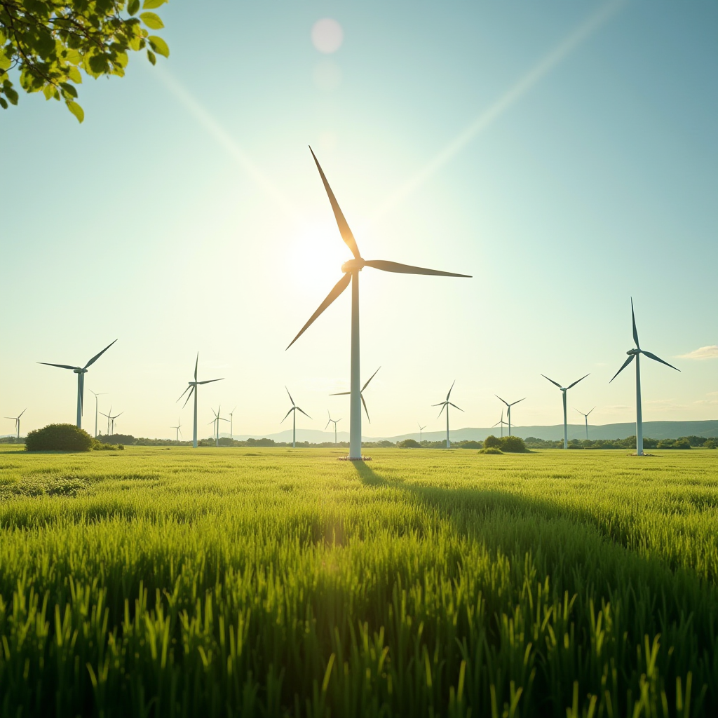 Wind turbines stand tall in a green field with the sun shining brightly in a clear sky.