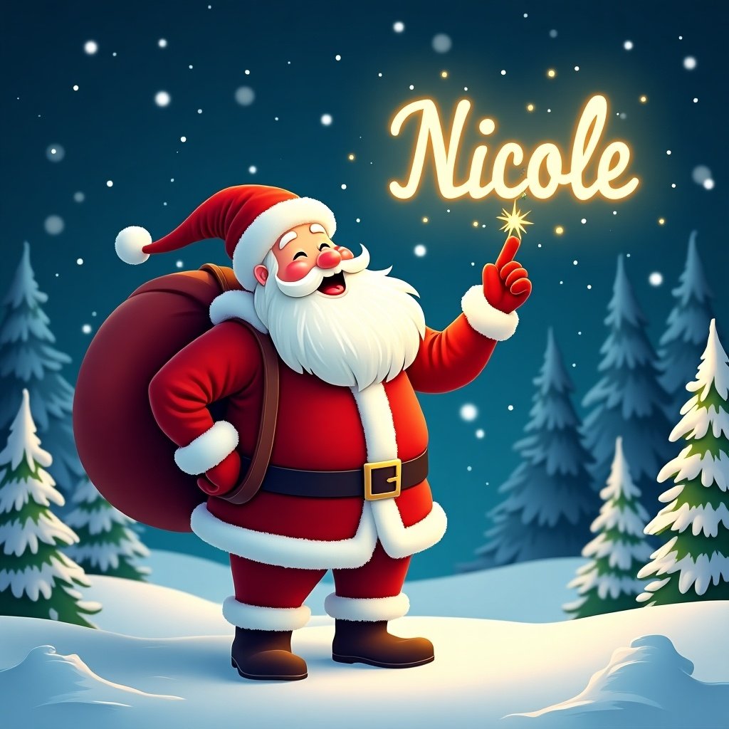 Cheerful Santa Claus stands in a snowy landscape. He has a large red sack and a sparkly wand. Santa is dressed in a traditional red outfit with a belt. The night sky is filled with stars. Pine trees surround him. The scene is festive and magical. Santa points upwards, as if writing a name in the sky. Snowflakes fall gently. The name 'Nicole' glows above.