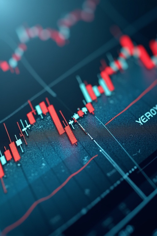 Close-up of a stock market volatility chart. Focus on candlestick patterns and trading volumes. Background has a digital look with blue tones.