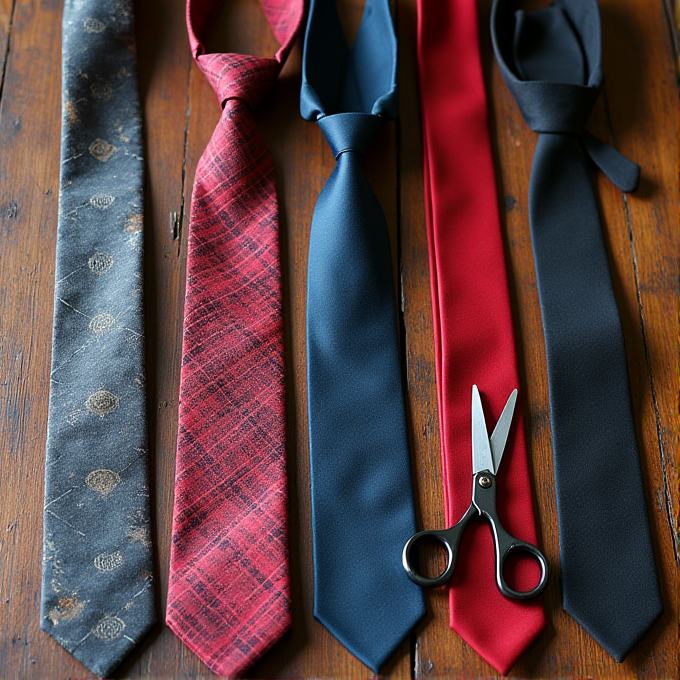 A collection of colorful neckties laid on a wooden surface with scissors placed between them.