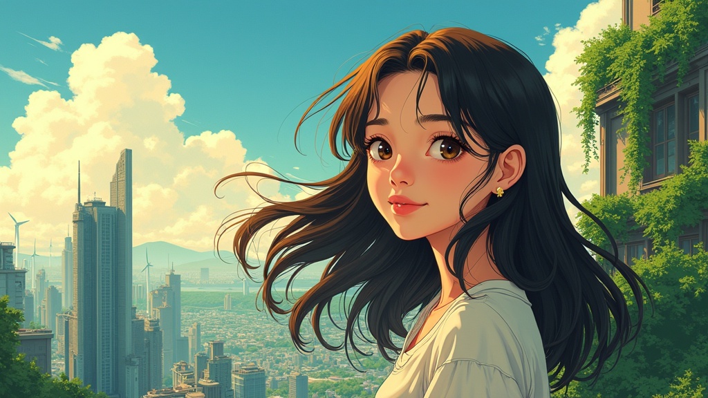 A comic-style illustration inspired by solarpunk aesthetics. A beautiful young woman gazes hopefully into the distance. Soft sunlight highlights her gentle features. Behind her is a vibrant futuristic city with rooftop gardens and wind turbines. The atmosphere is both dreamy and lively. Highly detailed and cinematic.