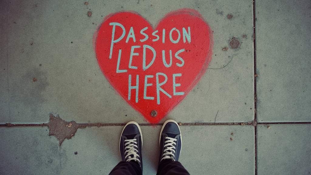 A heart is painted on the pavement with the words 'PASSION LED US HERE', and a pair of shoes are visible standing nearby.