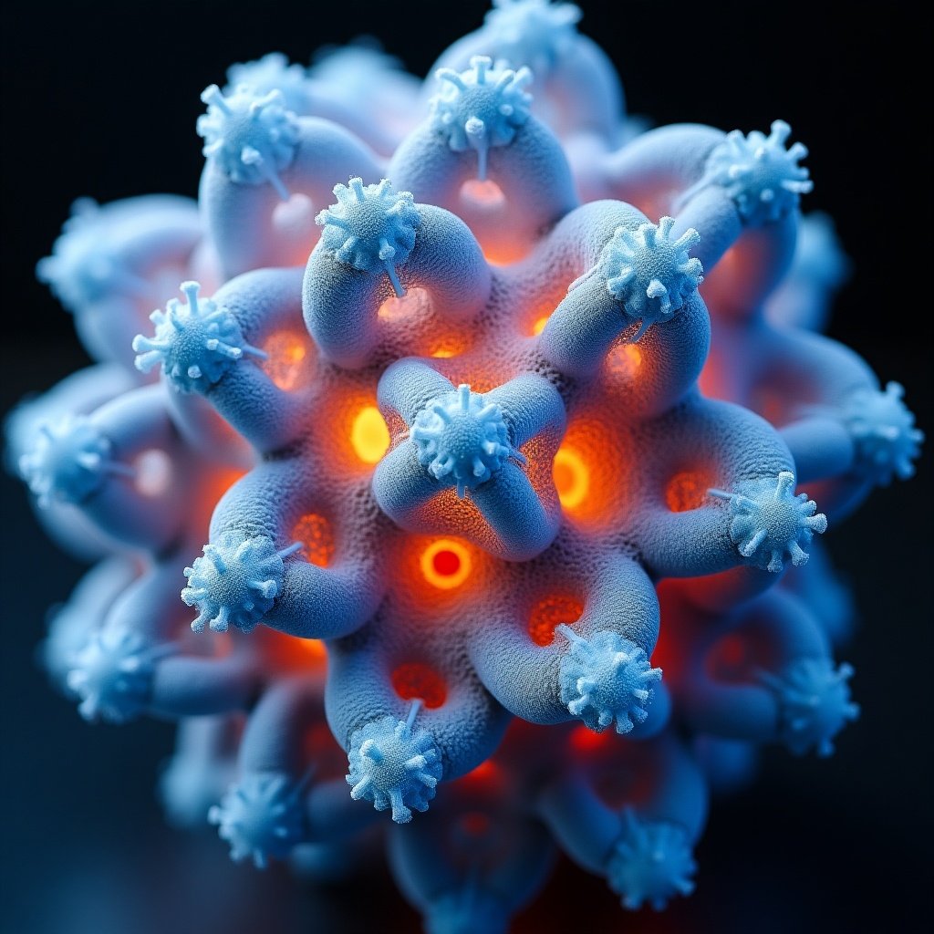 A close-up view showing a star-shaped nanomaterial structure. The structure is predominantly blue with orange highlights. The image highlights its complex design.