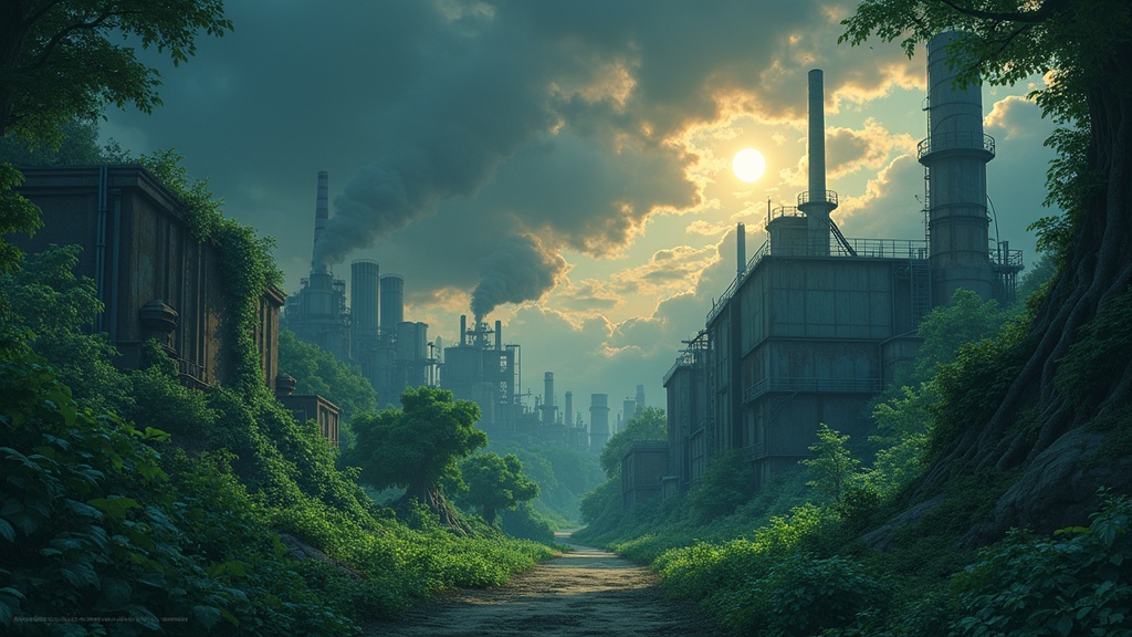 Illustration inspired by solarpunk and Studio Ghibli. Dark sky with gray clouds. Factories emitting thick smoke in the background. Lush greenery with vines and bioluminescent plants in the foreground. Soft lighting breaking through clouds. Highly detailed and cinematic atmosphere.