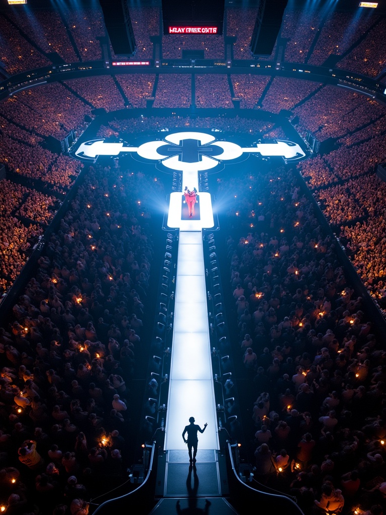 Drone view of Travis Scott performing at Madison Square Garden. Large audience with illuminated crowd. Stage consists of a T-shaped runway with a spotlight on the artist.