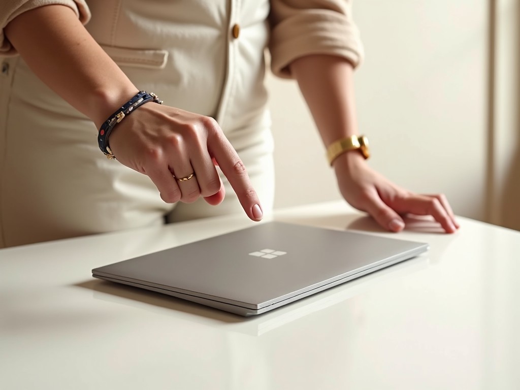 The image features a person's hand gently poised over a sleek, silver laptop placed on a clean, white surface. The individual is wearing a stylish bracelet and a watch, adding a touch of elegance to the scene. The setting conveys a modern and sophisticated vibe, suggesting a professional or business environment.