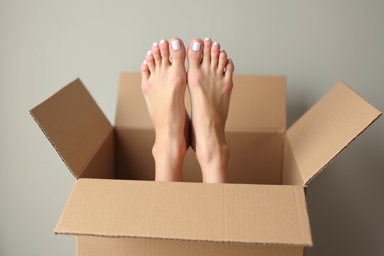 Female feet with white nail polish are sticking out from an open cardboard box. The box is large and the background is simple and neutral. Casual photo showing feet.