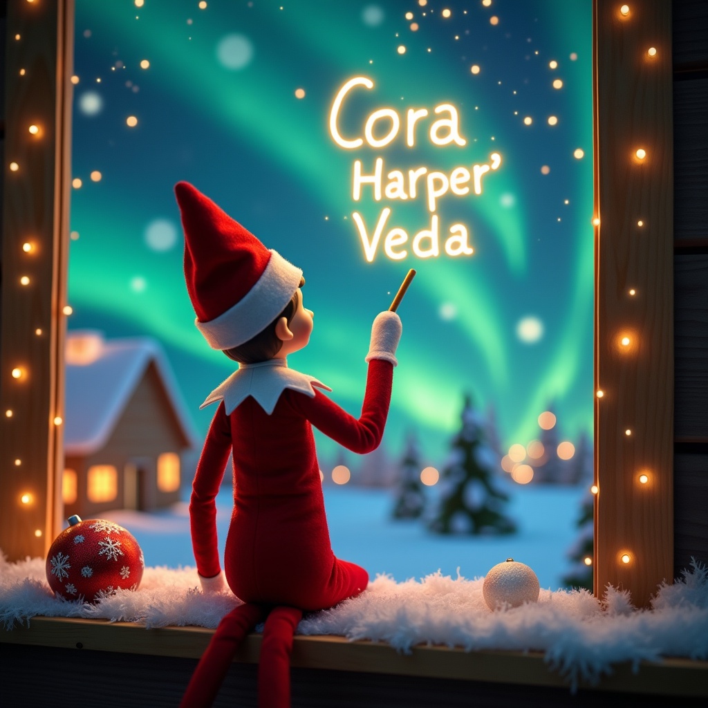 An enchanting Christmas scene featuring an elf on the shelf, who is facing the sky with his back to the viewer. The elf, adorned in traditional red and white clothing, holds a glowing wand. He writes the names 'Cora', 'Harper', and 'Veda' in shimmering light above him. In the background, vibrant northern lights swirl across a starlit sky, creating a magical ambiance. The elf's action evokes a sense of wonder and holiday excitement, perfectly capturing the joy of Christmas. Snow rests on the windowsill, enhancing the festive feel of this whimsical scene.