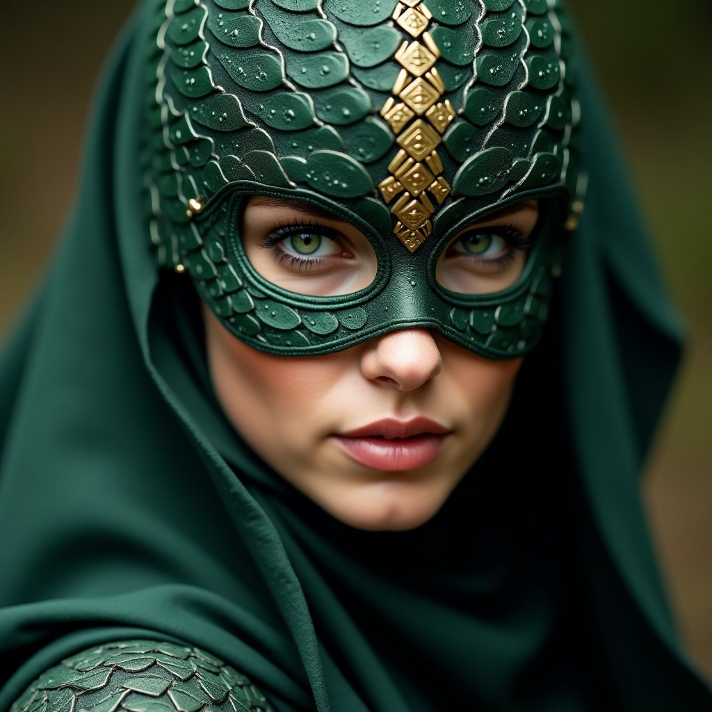 Portrait of a woman in a superhero costume. She wears a mask with textured scales. Captivating green eyes, confident expression. Mask has a golden emblem. Background is softly blurred. Image evokes empowerment and allure. Enchanting atmosphere invites viewers to fantasy world.