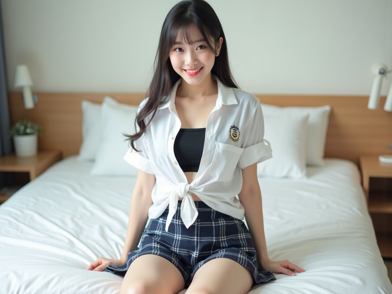 A young woman sits comfortably on a neatly made bed in a bright room. She is wearing a tied white shirt over a black top and a blue plaid skirt. The room is softly lit with natural light, enhancing a calm and inviting atmosphere.