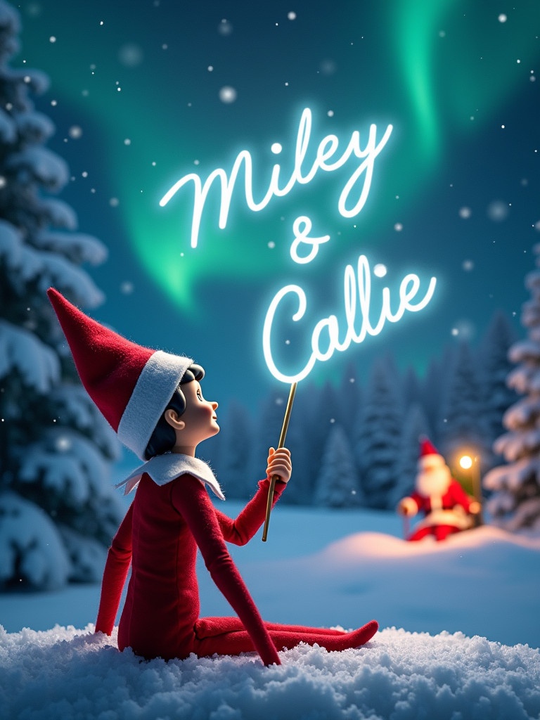 An enchanting Christmas scene with an elf in a red outfit. The elf is sitting on the snow, writing names in the sky. Northern lights illuminate the scene. A distant Santa Claus is visible. Snow covers the ground creating a winter wonderland.