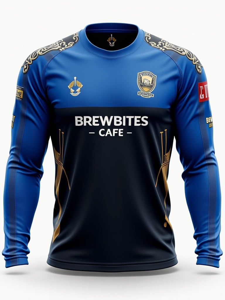 Full-sleeve cricket jersey features blue and black colors. Includes quality logo and Brewbites Cafe branding. Contains subtle cricket patterns for texture.