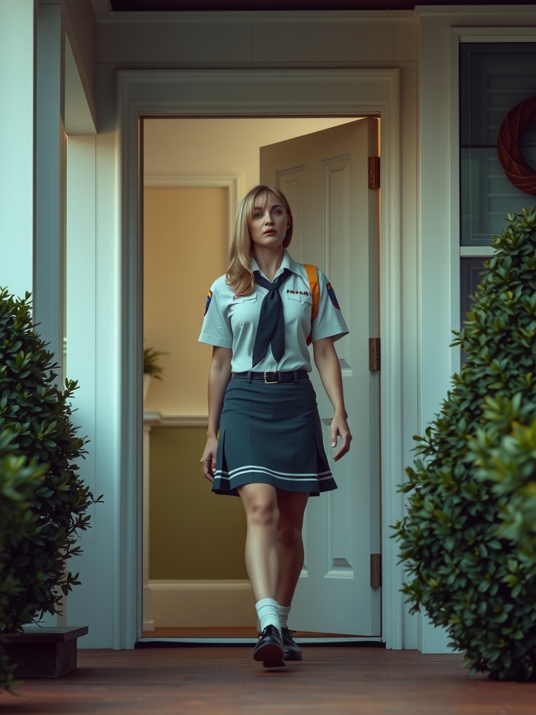 A young woman in a school uniform steps out of a house, exuding a sense of determination and readiness. The uniform features a short-sleeved white top, a dark skirt, and a tie, complemented by a backpack. The setting is framed by well-maintained shrubbery on either side of the entrance, indicating a suburban backdrop.