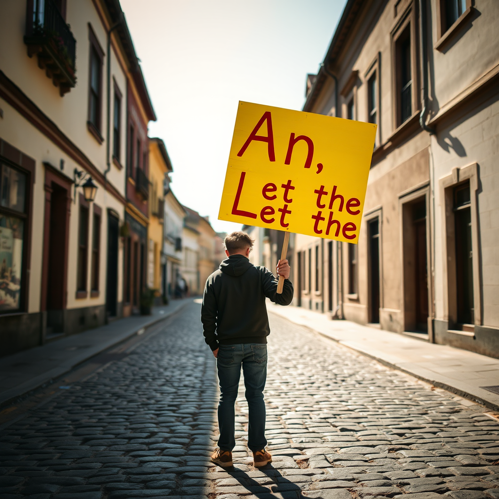 A person holding a yellow sign with textual art stands alone on a cobblestone street lined with buildings.