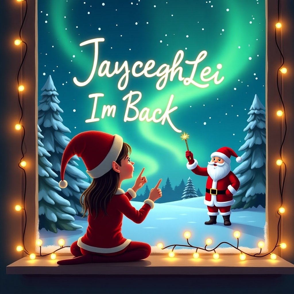 This illustration features a girl elf on the shelf, portrayed from behind, enjoying the magical festive atmosphere. She is facing the sky, using a wand to write the phrase 'JayceighLei Im Back' amid the vibrant northern lights. In the background, Santa Claus enhances the enchanting scenery, seamlessly integrating into the winter wonderland setting. The scene is accented by snow-covered trees that contribute to the overall magical vibe. Soft, warm lights twinkle around the window, creating a cozy holiday ambiance. This artwork beautifully captures the joy and magic of Christmas, perfect for evoking the holiday spirit.