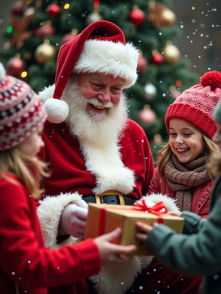 Jolly Santa Claus in red suit hands gifts to children in a festive holiday scene. Kids wear colorful winter hats and jackets, smiling brightly. Background with Christmas lights and ornaments. Snowflakes gently falling, creating a magical atmosphere.