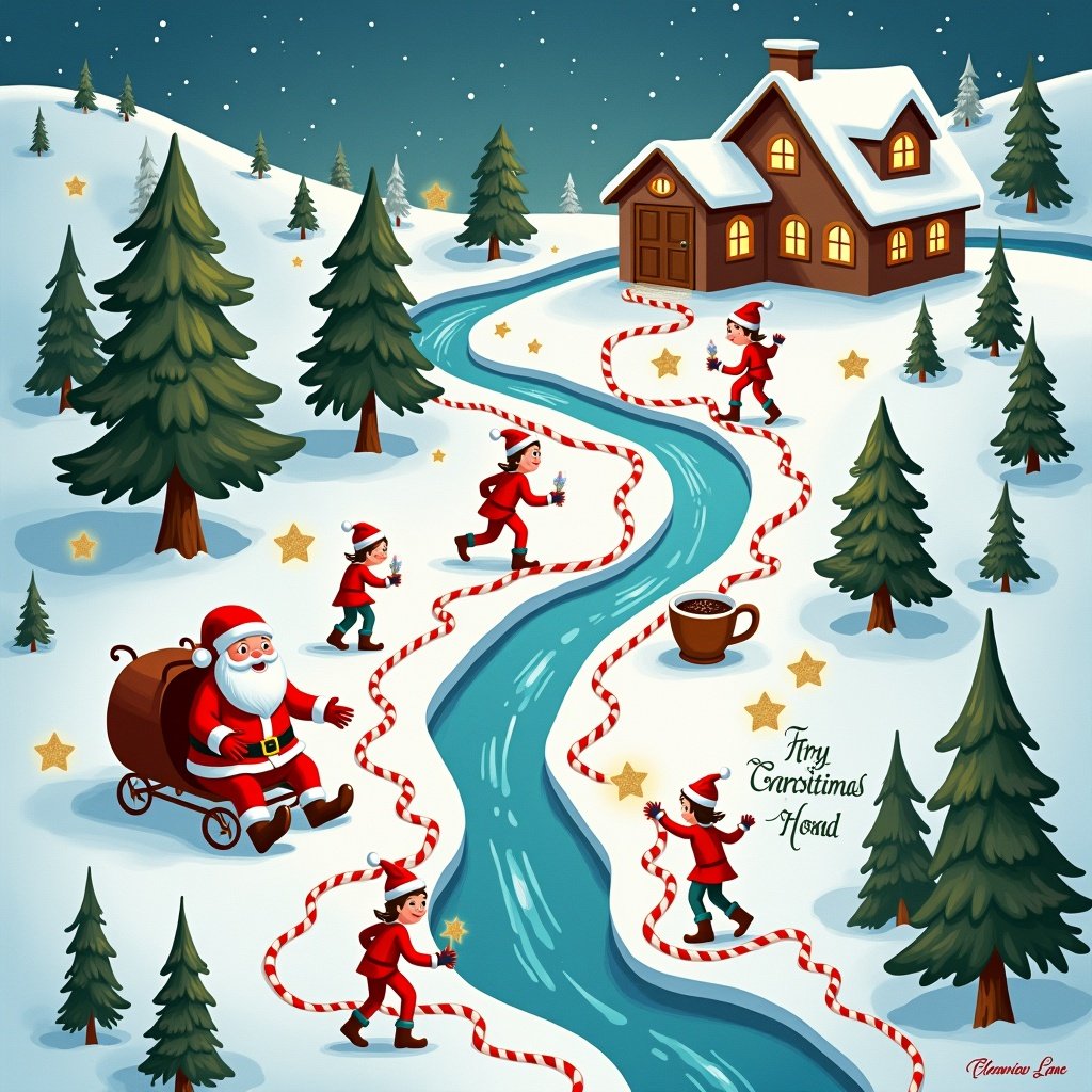 A whimsical map depicts the elves' path from Santa's workshop to home. Includes snowy forests, candy cane bridges, a cocoa river, and stars leading to the house. The road name is Clearview Lane.