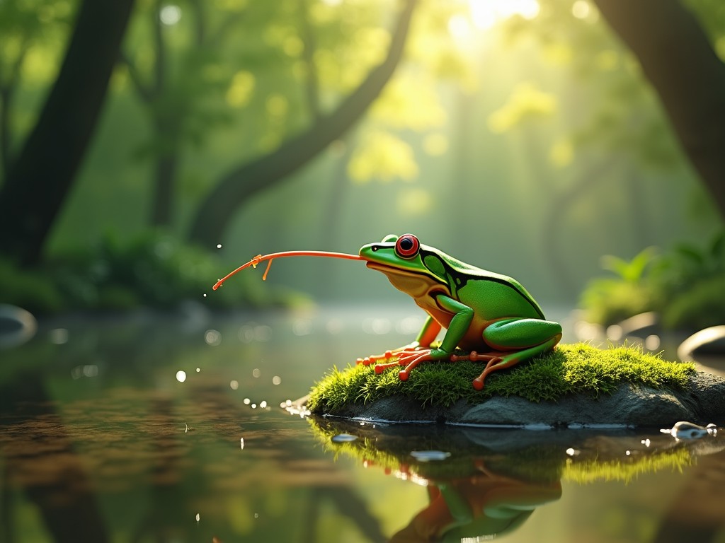 A realistic digital illustration of a vibrant green tree frog with red eyes sitting on a mossy rock by a forest pond, with sunlight filtering through the trees.