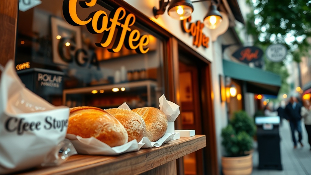 A cozy street view of a coffee shop with freshly baked bread on a wooden shelf, warm lighting, and passersby in a blurred background.