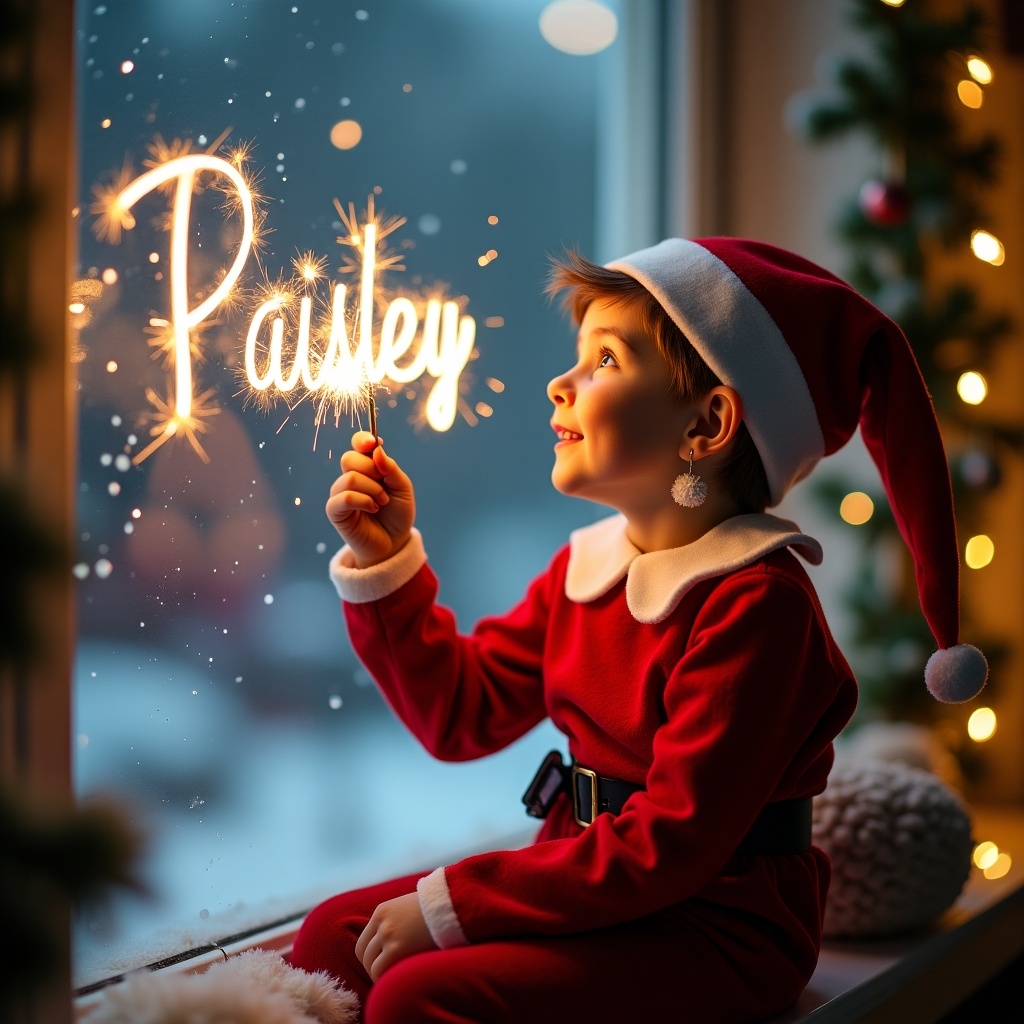 A joyful child dressed as an elf sits by a window during Christmas. She is using a sparkler to write the name 'Paisley' in the air. The scene is illuminated by warm lights from the Christmas decorations. In the background, snow can be seen falling outside, creating a magical North Pole vibe. Her white earrings catch the light as she smiles, embodying the spirit of the holiday season.