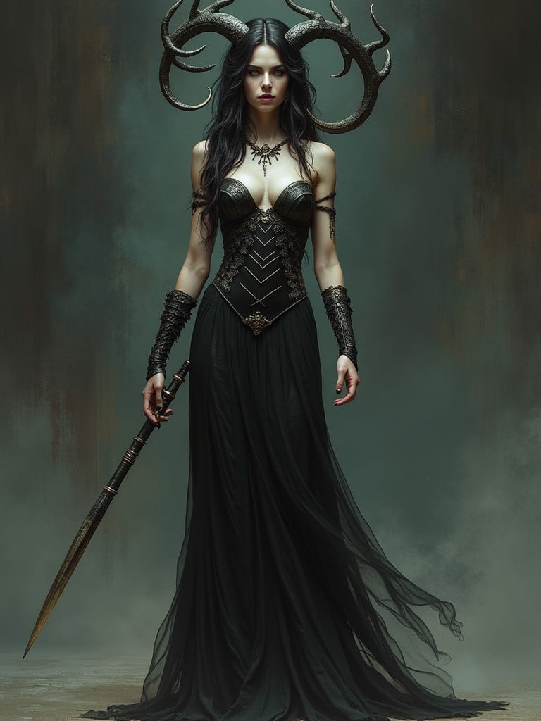 A powerful female figure stands confidently in a dramatic black gown. The gown is designed with intricate detail and flows elegantly. The figure has large, majestic horns on her head. She holds a weapon that adds to her commanding presence. The background is dark and atmospheric, enhancing the fantasy theme.