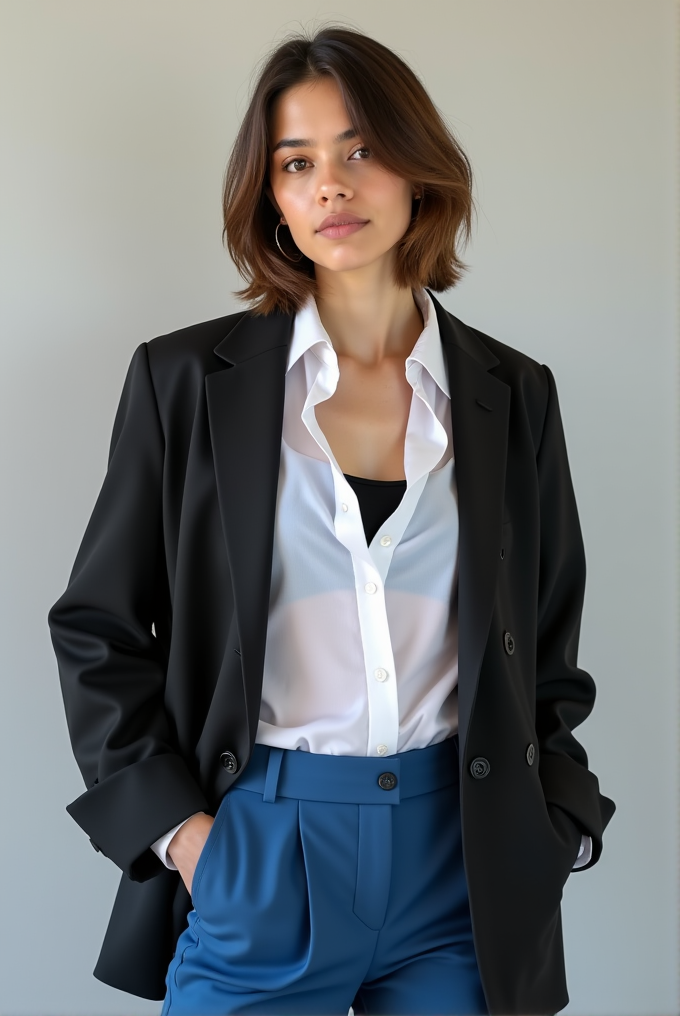 A person is dressed in a black blazer, white shirt, and blue pants with a confident expression.