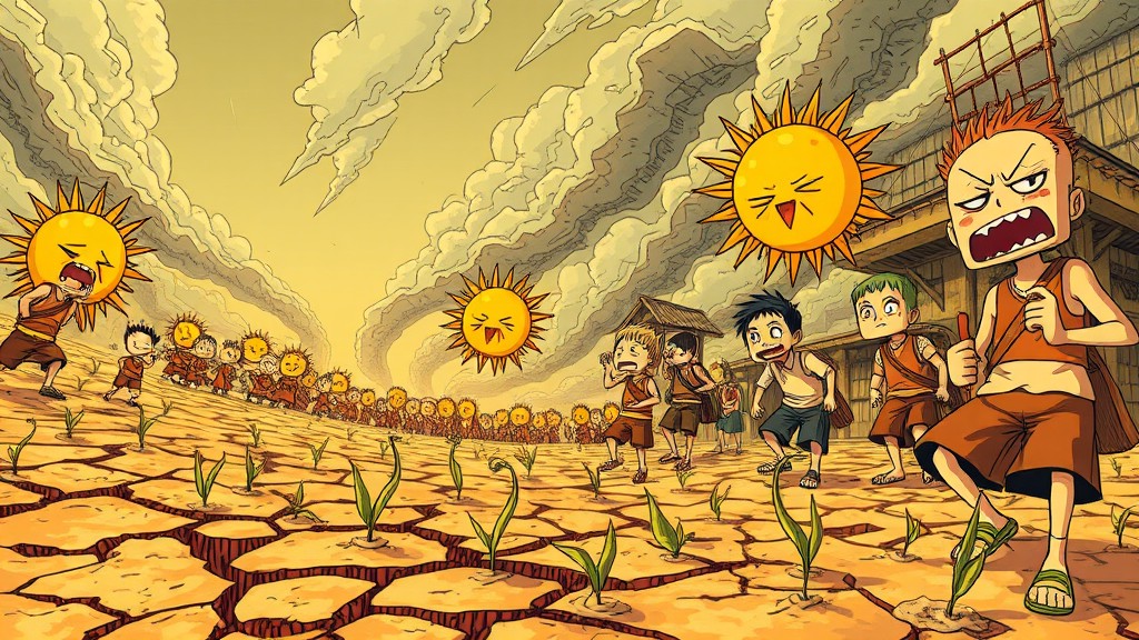 A group of children run across a cracked landscape with animated suns chasing them from above.