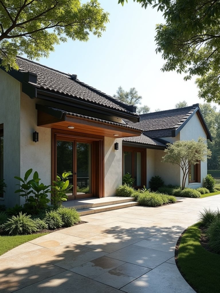 A modern villa features polished concrete walls and traditional tiled roofs with black accents. A wooden porch roof adds charm. Lush greenery surrounds the home, with shade from trees. A road is nearby. An open environment creates a serene ambiance under soft sunlight.