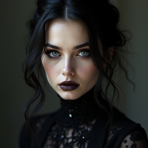 Create a realistic goth woman. She has beautiful features with dark makeup. She is in a natural light setting. The atmosphere feels moody and elegant. She wears a gothic outfit. The photo captures her essence.