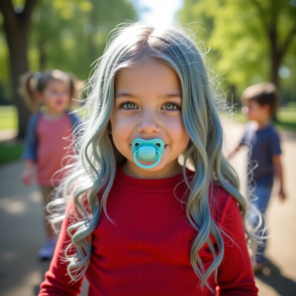 Ten year old girl with long silvery blue hair. Wearing red long sleeve ribbed top at a park. Friends in the background. Pacifier in mouth.