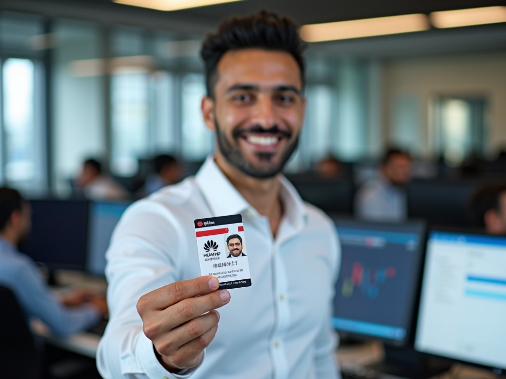 A smiling man in an office holds his ID badge towards the camera, displaying a sense of pride and professionalism. The background shows a blurry office setting with coworkers focusing on computer screens, emphasizing a busy and modern work environment.