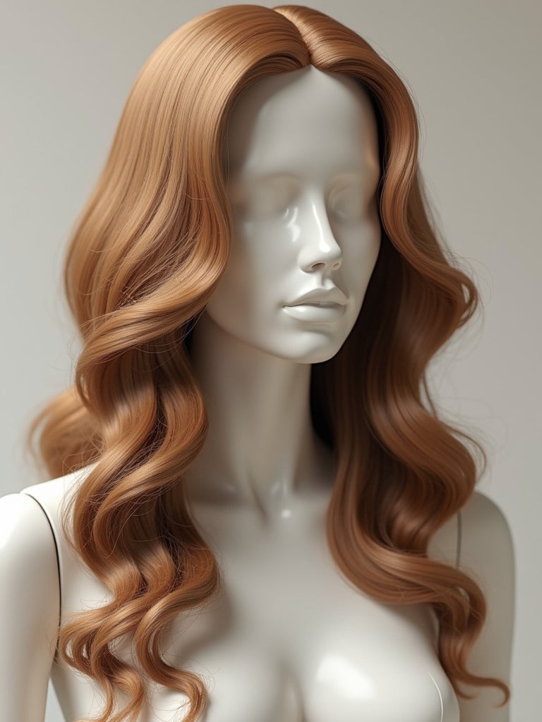 Create hyper-realistic image of mannequin. Mannequin features soft expressive characteristics. Long wavy hair in caramel brown color. Honey-blonde highlights in hair. Waves styled voluminously over shoulders. Hair is glossy and smooth. Minimalist neutral background to focus on mannequin and hair.