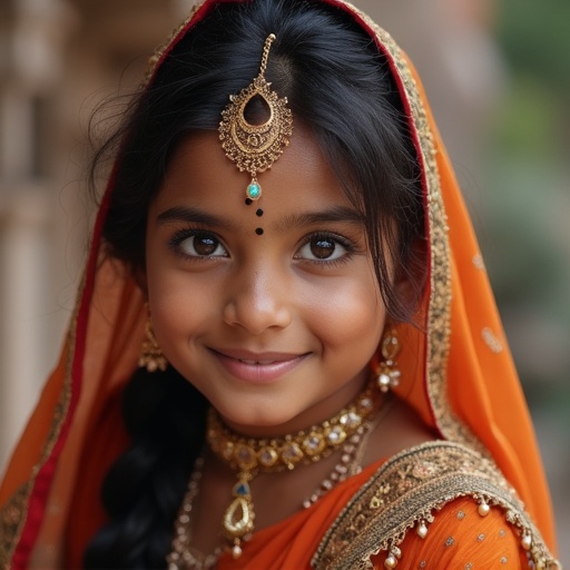 Image of an Indian girl dressed in beautiful traditional attire and jewelry. The subject is adorned in bright orange fabric with intricate designs. An elaborate necklace and earrings complement the attire. The setting suggests a festive or cultural atmosphere.