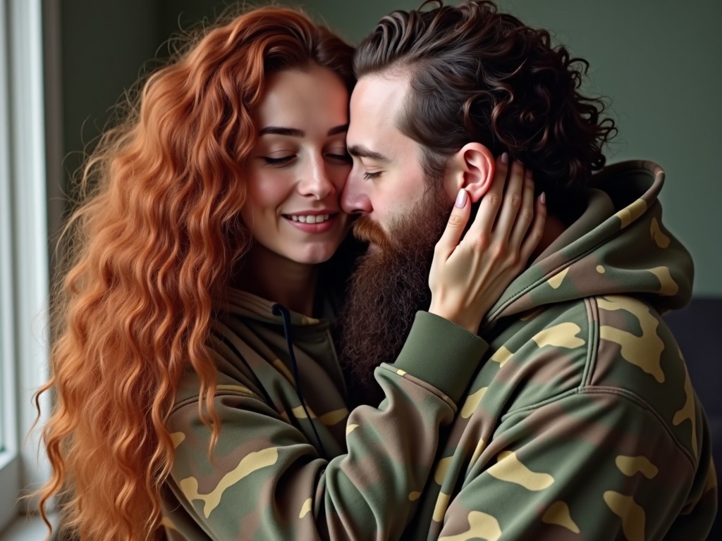 This image captures a moment of affection between a couple. They are embracing closely, with the woman resting her head against the man's chest. The woman has long, wavy, deep red hair, and the man has short, curly hair and a full beard. Both are dressed in matching camouflage sweatsuits, adding a stylish touch to the intimate moment. The soft natural light from a nearby window enhances the warmth of their connection. The scene evokes feelings of comfort and love between the two.