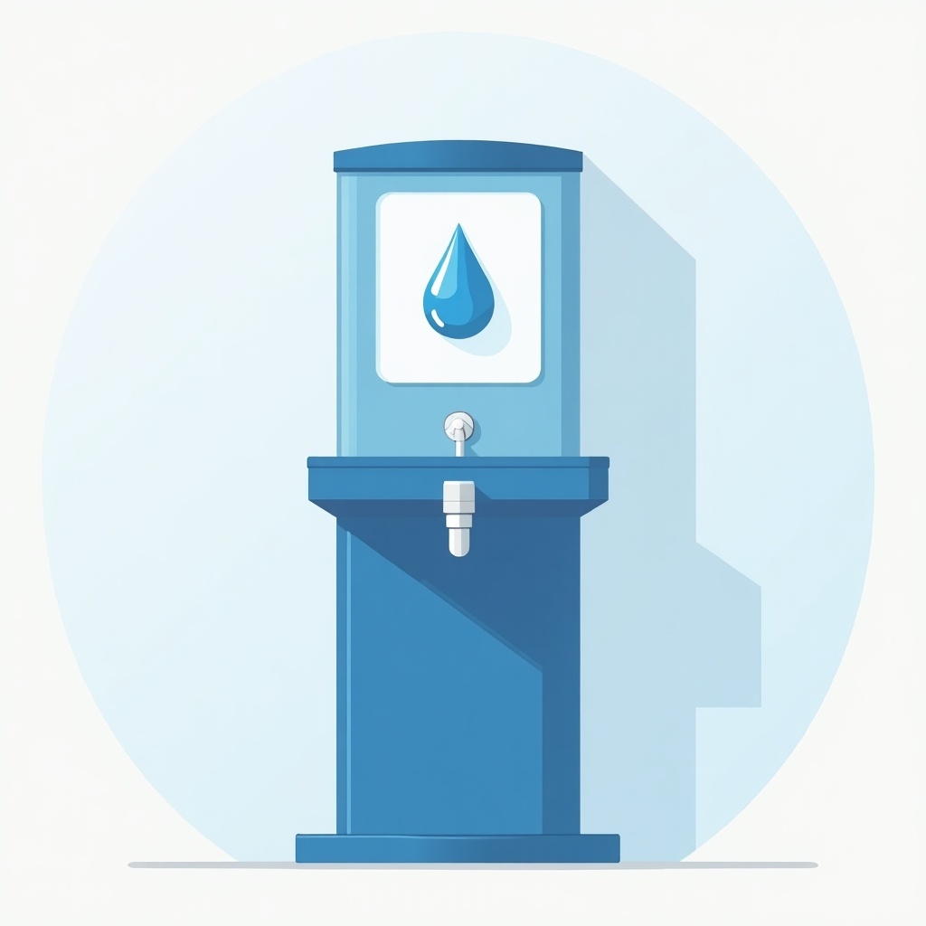 Water refilling station shown clearly with a blank logo space. Design emphasizes clean and modern aesthetics.