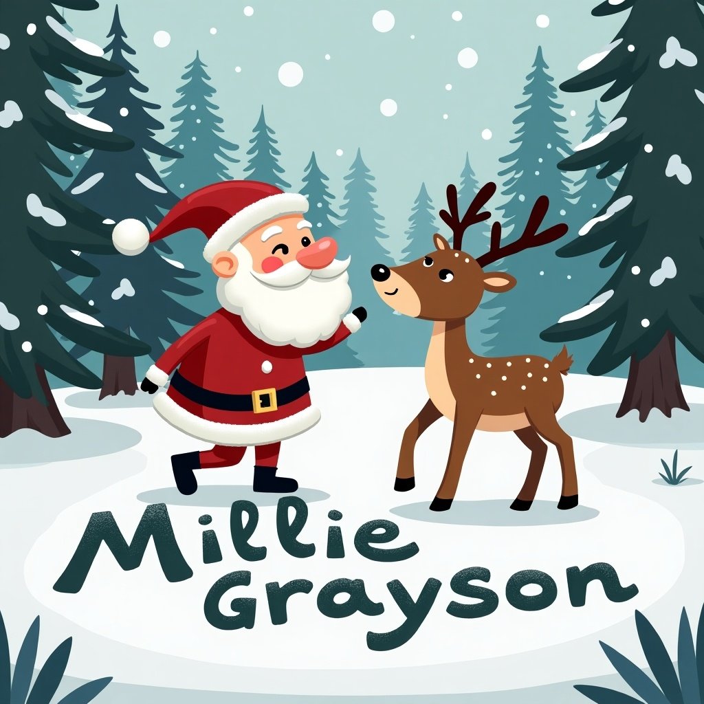 Santa and reindeer in a winter snowy forest writing the names Millie and Grayson in the snow woodland area.