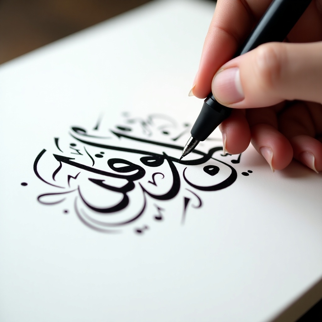 The image shows a close-up of a person's hand elegantly writing Arabic calligraphy. The calligraphy is created with bold black ink on a pristine white surface, enhancing the contrast. The hand is steady and focused on crafting the letters with precision and grace. Subtle flourishes and designs surround the calligraphy, adding to the aesthetic appeal. Soft lighting brightens the scene, allowing the intricate strokes of the pen to be clearly visible. The artwork beautifully showcases the phrase 'الله معي' as a representation of faith and beauty in language.