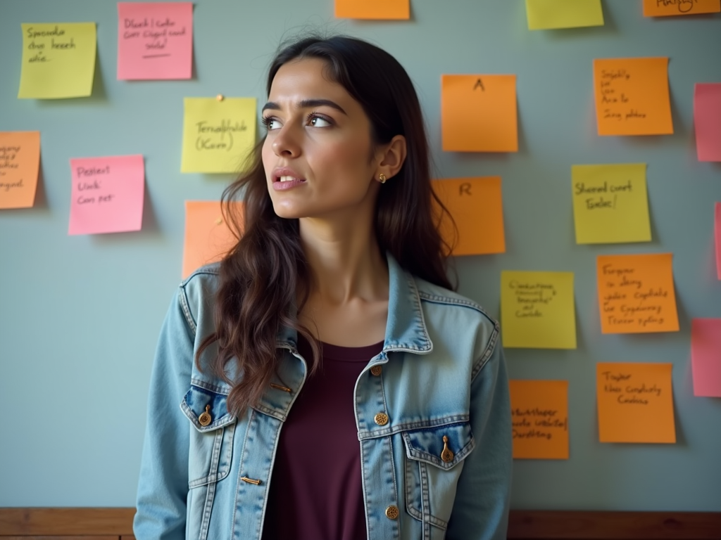 A woman in a denim jacket stands in front of a wall covered with colorful sticky notes.