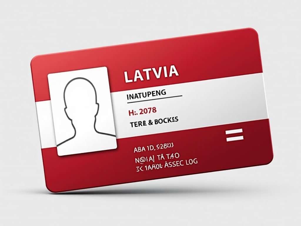 This image presents a realistic representation of a Latvian ID card. The dominant colors of the card are red and white, in line with the Latvian flag. It features various fields for personal information, including a space designated for a photo and a unique identification number. The card's sleek, modern layout emphasizes clarity and functionality. Designed to mimic official ID cards used in Latvia, it serves as an effective illustration for discussions on identity verification or governmental materials.