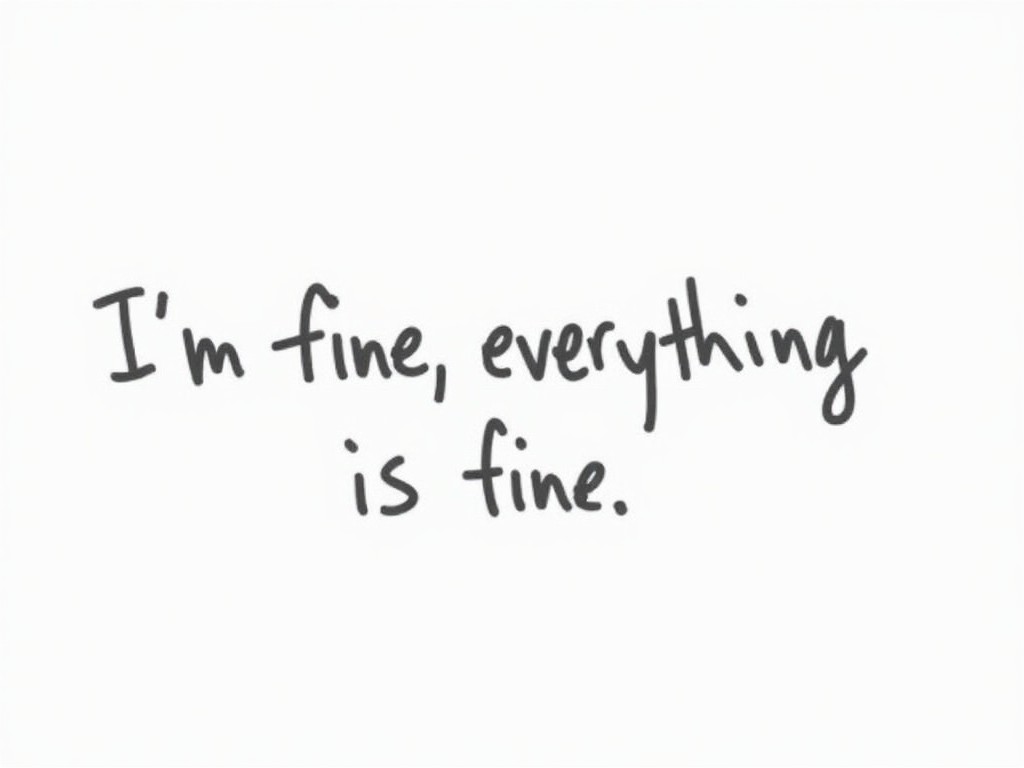 The image features a simple, shaky handwritten text that reads 'I'm fine, everything is fine.' It is against a plain white background, emphasizing the message in a direct and relatable manner. The handwritten style gives it a personal touch, suggesting authenticity. This could evoke feelings of both reassurance and irony, relating to the challenges of expressing one's true feelings. Ideal for discussions about mental health and well-being.