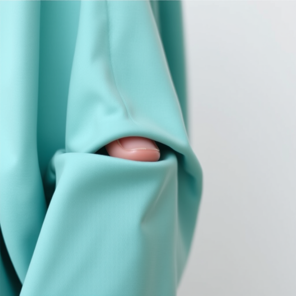 A light blue sleeve with a small hole reveals a fingertip peeking through.