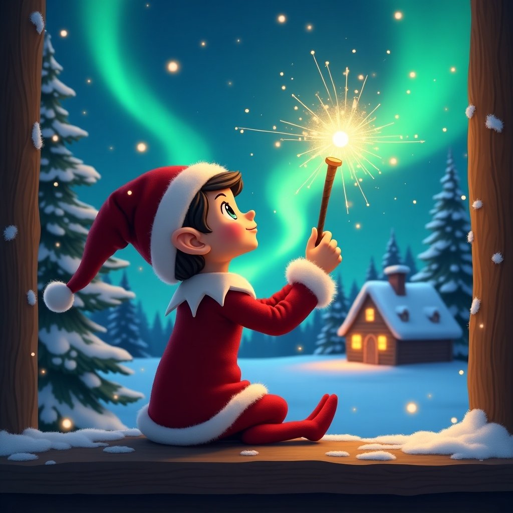 An elf sits with its back to the viewer. The elf gazes skyward while holding a glowing wand. A charming Christmas scene with colorful northern lights appears. A cozy house can be seen in the distance. Snow covers the ground. The elf represents the magic of Christmas. The name 'Akari & Mikoto' appears from the wand.