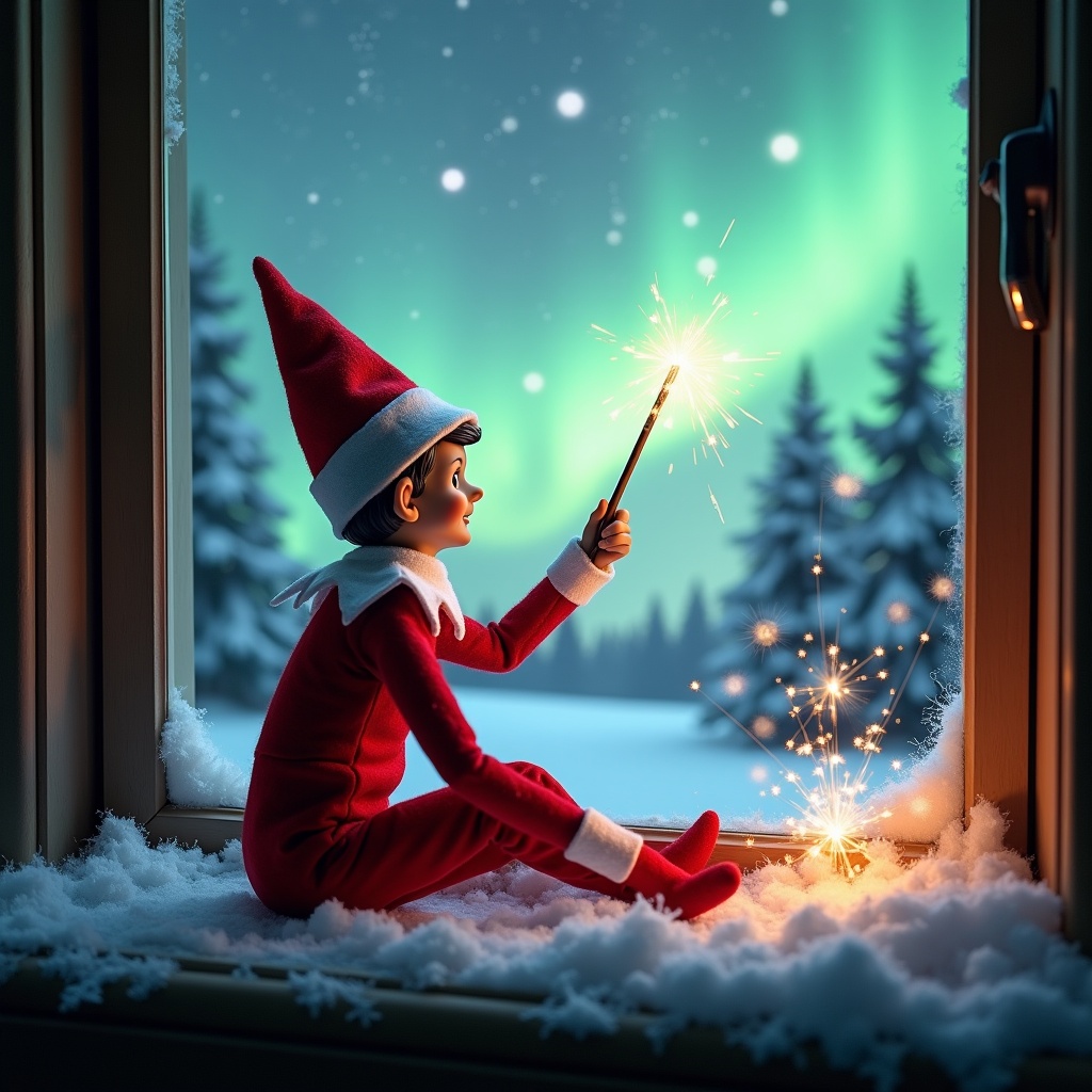 The image features an adorable elf on the shelf sitting on a window ledge, with his back turned to the viewer. He is using a magical wand to create twinkling sparks while looking up at a stunning display of northern lights. The background is set in a winter wonderland, filled with snow-covered pine trees, conjuring a festive holiday feel. Dressed in a vibrant red outfit with white trim, the elf embodies the Christmas spirit. The scene is illuminated by the enchanting colors of the aurora borealis, enhancing the magical ambiance.