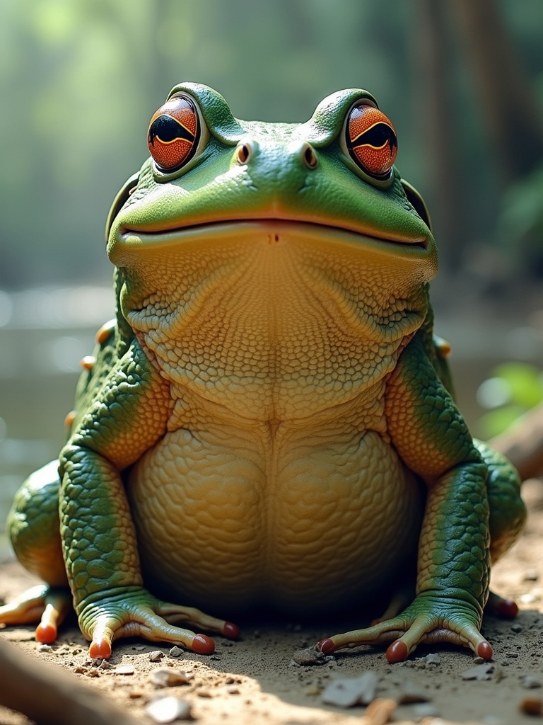 A close-up image of a giant toad sitting on sandy ground near a river. The toad has vibrant green skin and striking orange eyes. Soft sunlight illuminates the scene from behind, creating a warm atmosphere.