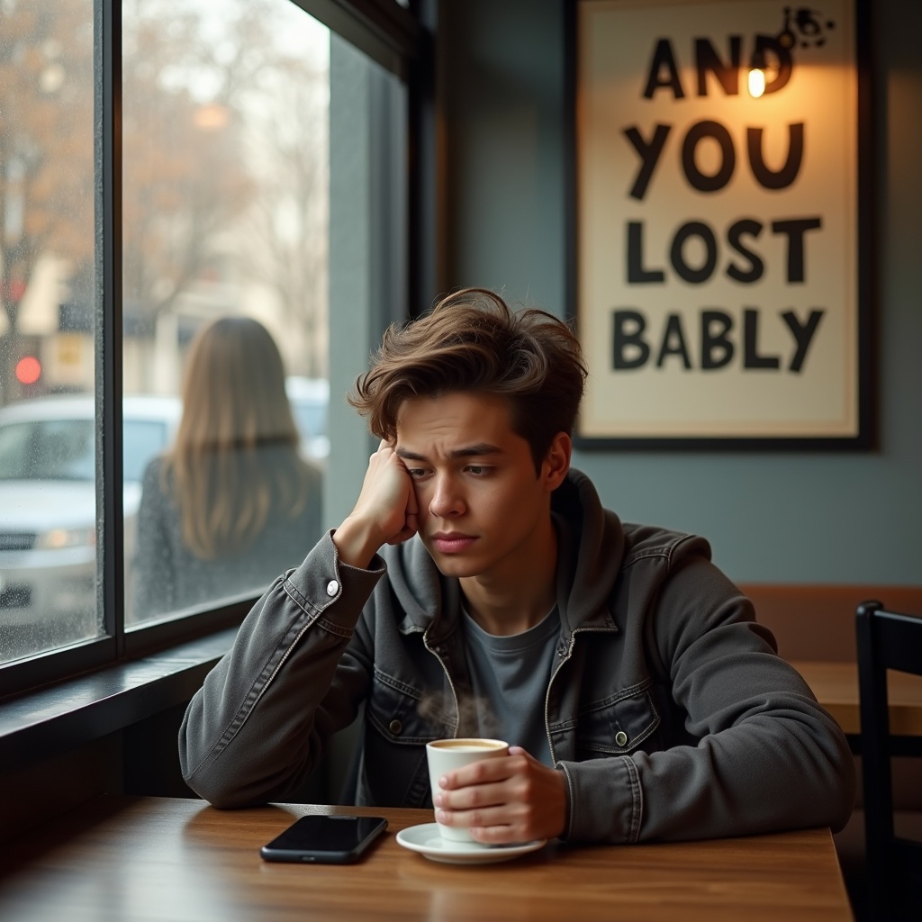 A young man sitting alone in a café, staring thoughtfully out of the window with a cup of coffee in front of him, a mobile phone on the table, and a blurred message on the wall behind reading 'AND YOU LOST BABLY'.