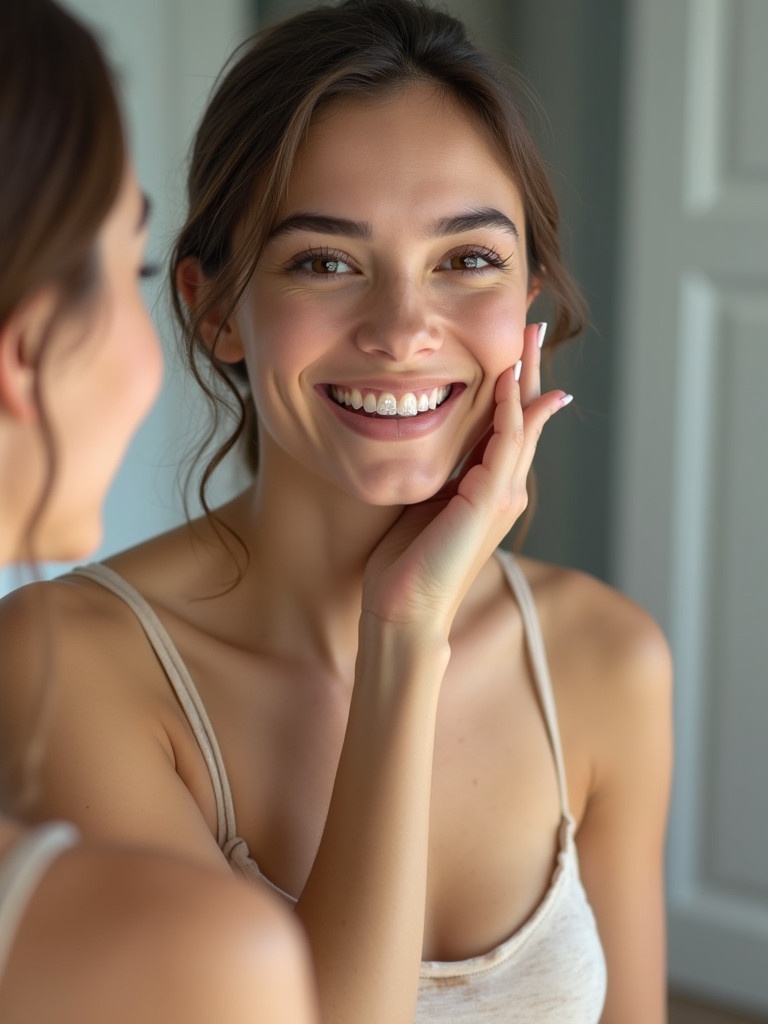 A woman is smiling and holding a dental retainer while looking in a bathroom mirror. The atmosphere is calm and inviting. The scene is well-lit and focuses on dental hygiene.