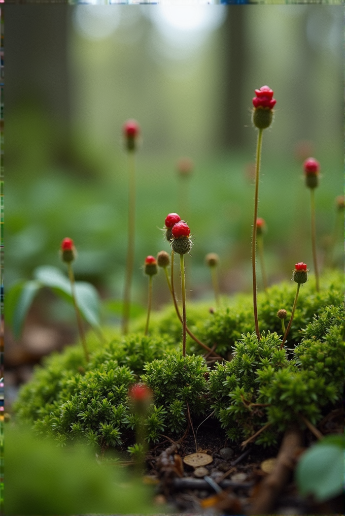 Tall, thin stalks with red buds rise above lush green moss in a forest setting.