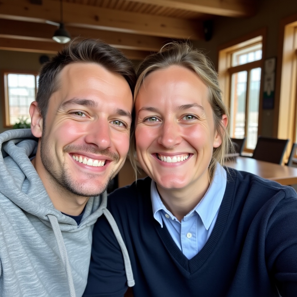 This image shows two people smiling closely together in a cozy indoor setting. Background appears rustic, possibly a café. One wears a gray hoodie, the other a light blue shirt with a dark sweater. Natural light filters through windows. Wooden beams and decorative elements are visible.